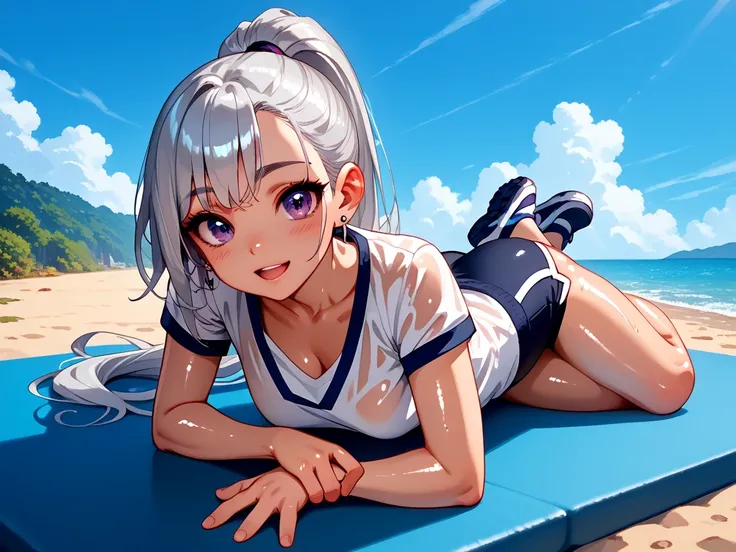 best quality,high-quality illustration, high school girl,small black earrings,beautiful eyes,purple eyes,

(sagging breasts:0.7)(medium breasts:0.7), Silver Hair, ponytail,(wide hip:1.1,wide waist:1.1),(shiny skin:1.1), (wet skin:0.9)

BREAK full body,whol...