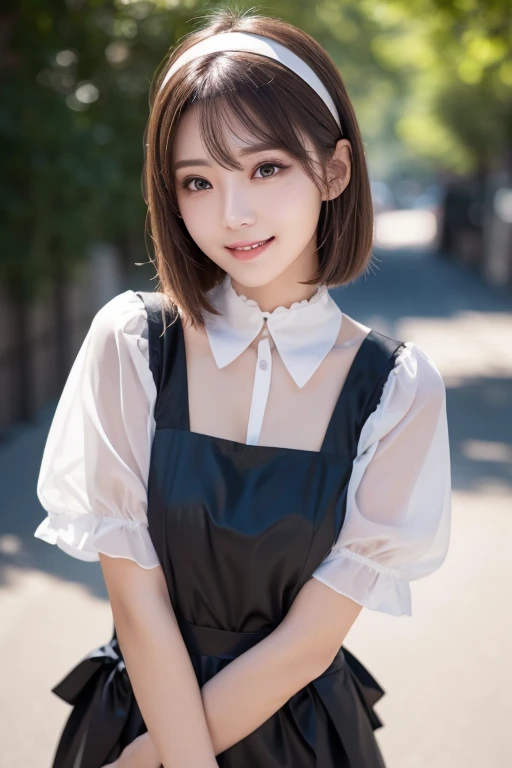 masterpiece、One girl per photo、Full Body Shot、Front view from the front、Young and beautiful woman in Japan、Wearing a cute short-sleeved satin silver black maid outfit、With a big smile、White ruffled headband、White frilly apron、Black choker、Attractive person...