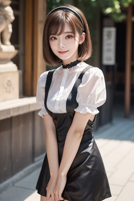 masterpiece、One girl per photo、Full Body Shot、Front view from the front、Young and beautiful woman in Japan、Wearing a cute short-sleeved satin silver black maid outfit、With a big smile、White ruffled headband、White frilly apron、Black choker、Attractive person...