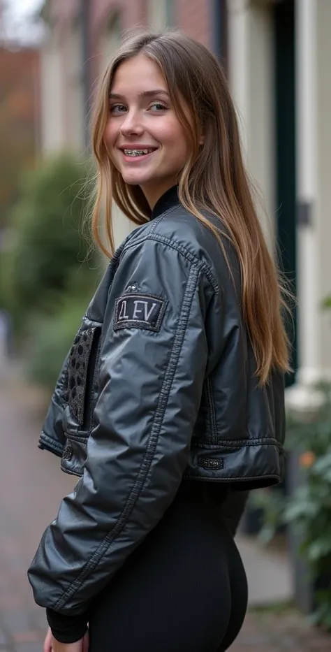 Backside diagonally photo from side of a sweaty hot wet cute beautiful darkblonde dutch spanish italia young posing age femboy wearing silvergrey greyblue shiny puffy cropped short bomber jacket, very short shiny greyblack blue Big luxurious alpha-industri...