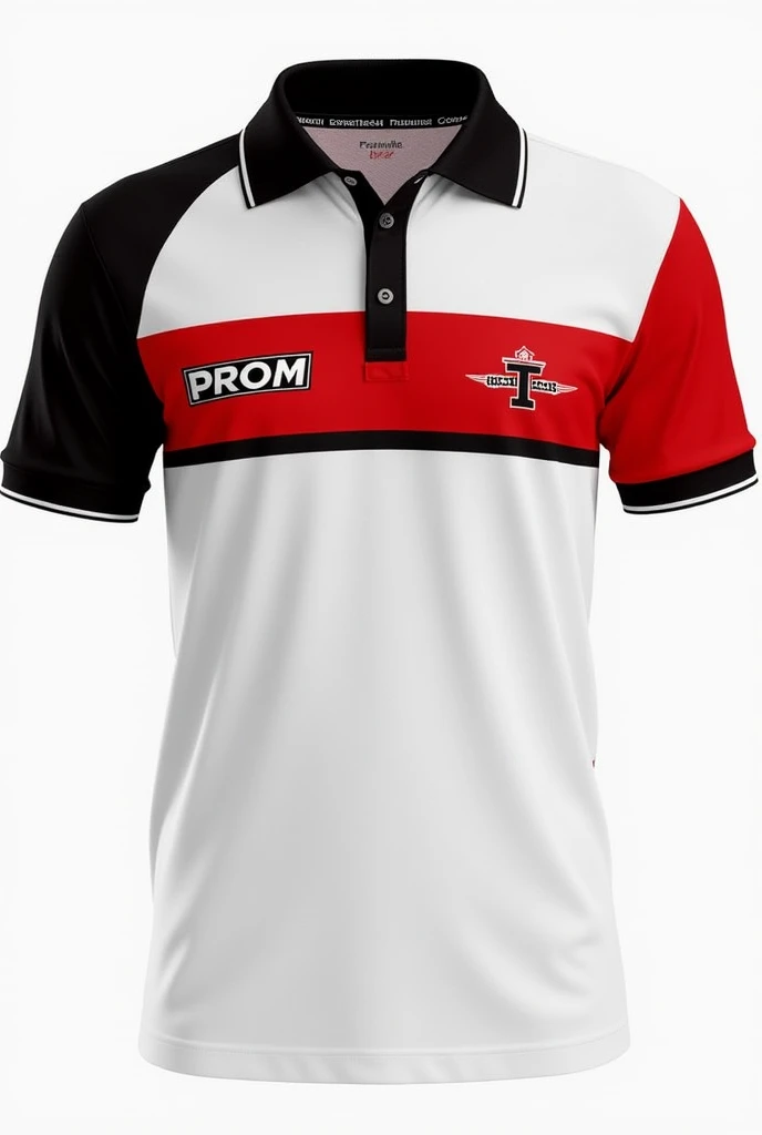 Short Sleeve Polo Sweater Design Class fo 2025 Senior Variant 1 Formula 1 Style Formula 1 Base color White Horizontal red panels on the chest and black panels on shoulders and sleeves with white trim PROM logos in black medium size on the red 2025 panel in...