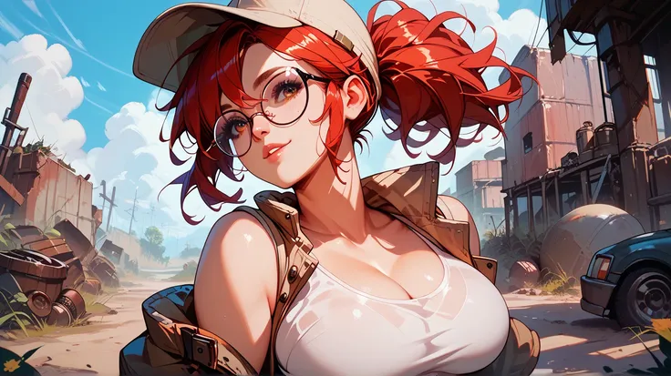  Sexy Fio Germi, UHD, with glasses, cap,  Redhaired , in a wasteland,  big breasts,  sexy pose, 