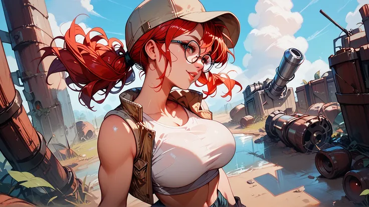  Sexy Fio Germi, UHD, with glasses, cap,  Redhaired , in a wasteland,  big breasts,  sexy pose, 