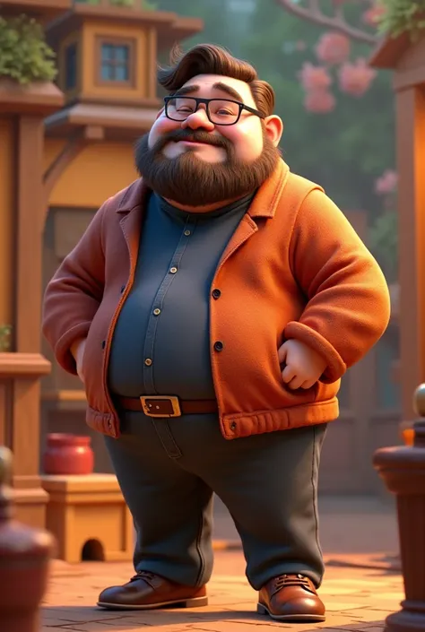 Disney Pixar-style 3d image of a tall strong , tall white with a plus-size body ,  beard and brown hair wearing square black glasses 