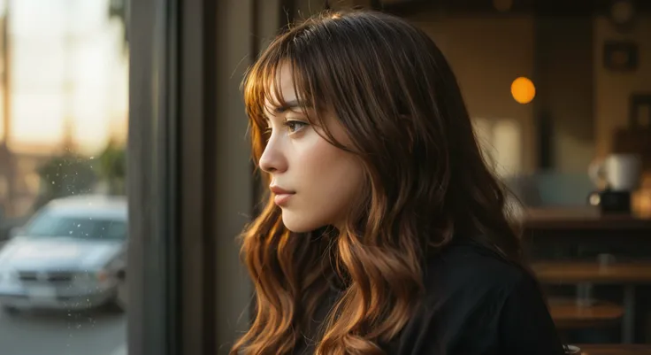 A Japanese young influencer woman with long, slightly wavy brown hair and bangs sits alone at a wooden table in a cozy , vintage-style café . She wears a light beige , ribbed sweater and holds a white ceramic mug with both hands. Her expression is sad , ga...