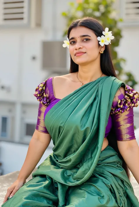 Full body image of sexy vedhika , front view, curvy, hourglass figure,  swooping breasts,  deep cleavage,  green blouse, saree,navel, belly button, sitting in a bed and doing push ups, look at viewer and subtle smile, French braid hair, necklace,  ear ring...