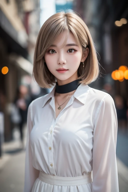 Curly Bob Cut,  platinum-haired woman wearing an orange collared shirt is posing for a photo in the city,  8k artgerm bokeh ,   well-balanced body , 美しい Korean woman , Gorgeous Necklace, 美しい若い Korean woman ,  soft portrait shot 8K ,  Korean Girl, Double ey...