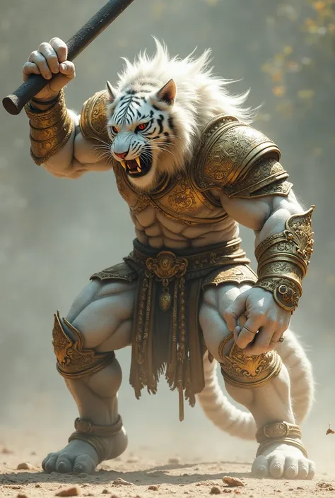 realistic photograph of a mythological monster with the head of a white tiger in an attack position ,  profile view , with bright and detailed armor, with a club in his hand jumping,   full body