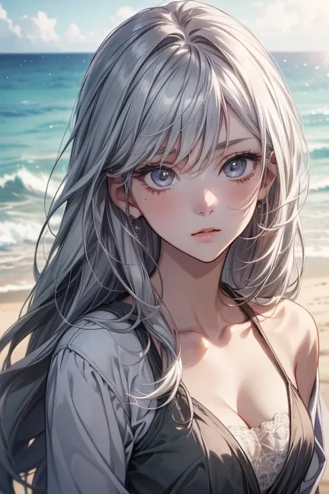 anime girl, beautiful face, long silver hair, light gray eyes, charming gaze, looking at the viewer, stunning style, beach background, (sharp eye details, sharp face details, body details), (make clear and good pictures), (make 4k and 8k pictures), (master...