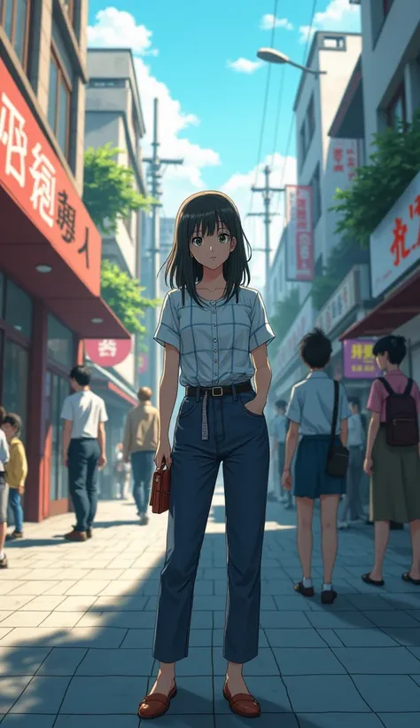  anime picture for TRPG　Passers-by are walking along the street 　２５The year-old office lady 　 anime picture for TRPG　Checked plain clothes 　 in the foreground　Wide angle