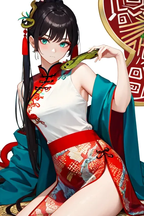 Snake cloth, snake, beautiful Chinese girl, in the new Chinese year (masterpiece, best quality:1.3), (teal) , red, white