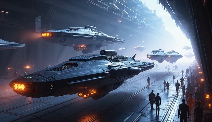 An inspiring image of multiple Starships preparing for deep-space exploration