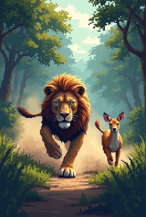  lion sprinting aggressively towards a deer and its fawn on pixelated grass, dust rising in pixel particles, creating a high-tension chase scene in the forest."