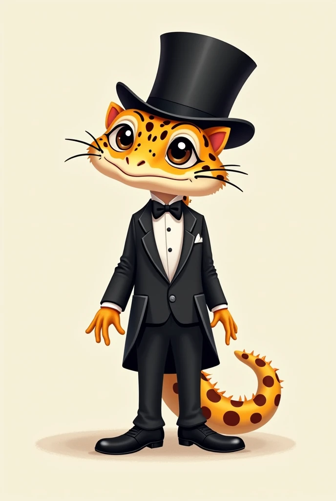 A leopard gecko wearing a tuxedo and top hat in cartoonish style.