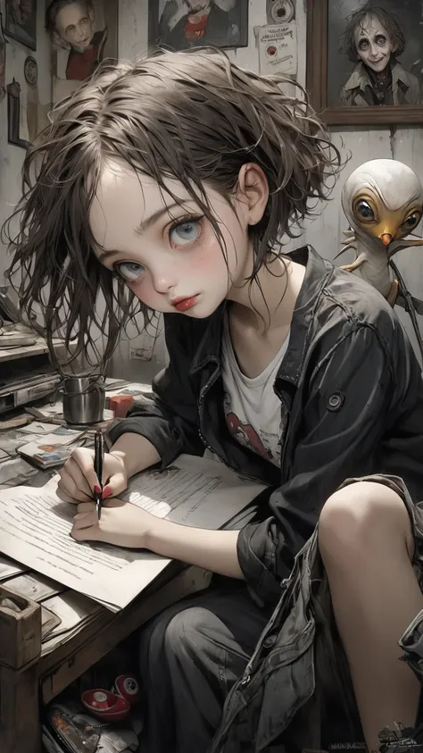  Norman Rockwell &  Tim Burton's Style、 alone、 extremely realistic 、 Grunge Style 