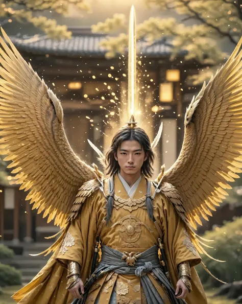  Young Man in Kimono Meets 、Combine, Shining Golden Crow .  perfect detail , ((full armor with Shining Golden Crow  feathers)), ((golden crow full face mask )), ((Golden Wings)), ((  Dual Golden Japanese Sword  , one with each hand )),Pose holding a sword,...