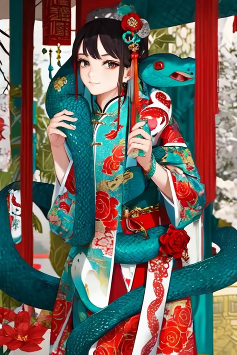 Snake cloth, snake, beautiful Chinese girl, in the new Chinese year (masterpiece, best quality:1.3), (teal) , red, white