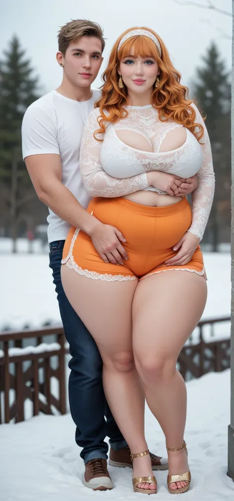 plus size women, full body, 20 years old, voluptuous body, buxom, plump, busty, thick, chubby, big breast, big hips, big thigh, huge ass, very beautiful face, pink lips, light orange hair color with bangs, wavy hair style, light white lace headband, gold e...