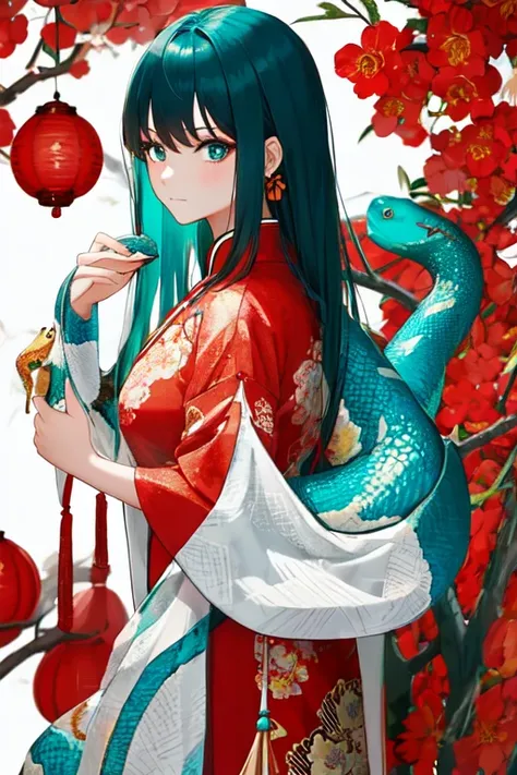 Snake cloth, snake, beautiful Chinese girl, in the new Chinese year (masterpiece, best quality:1.3), (teal) , red, white