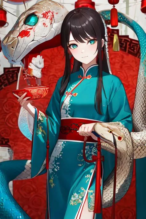 Snake cloth, snake, beautiful Chinese girl, in the new Chinese year (masterpiece, best quality:1.3), (teal) , red, white