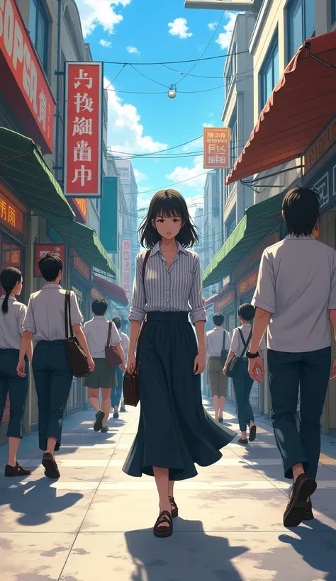  anime picture for TRPG　Passers-by are walking along the street 　２５The year-old office lady 　 anime picture for TRPG　Striped shirt　I'm walking alone through the shopping district　Wide angle　 long skirt