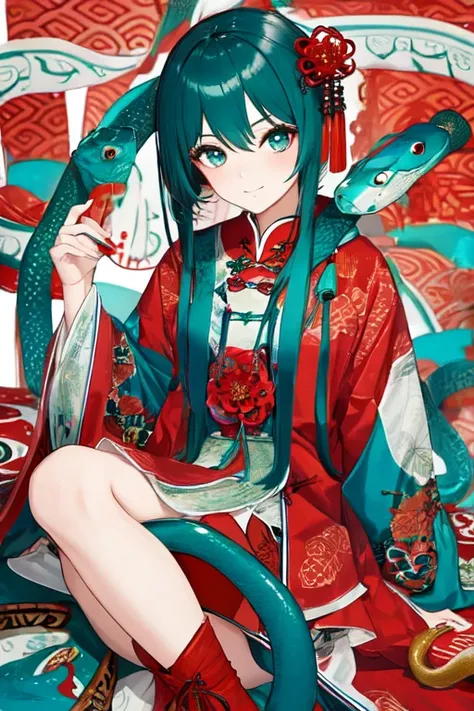 Snake cloth, snake, beautiful Chinese girl, in the new Chinese year (masterpiece, best quality:1.3), (teal) , red, white