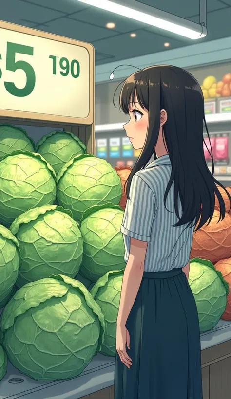  is surprised by the soaring price of cabbage　２５The year-old office lady 　 anime picture for TRPG　Striped shirt　 supermarket where cabbage is displayed　 inside a 　 long hair　 long skirt　Cabbage is real 