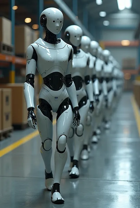 Row of robots, artificial intelligence, industry, minimalist style, cargo handling, work, robots at work