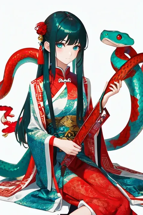 Snake cloth, snake, beautiful Chinese girl, in the new Chinese year (masterpiece, best quality:1.3), (teal) , red, white