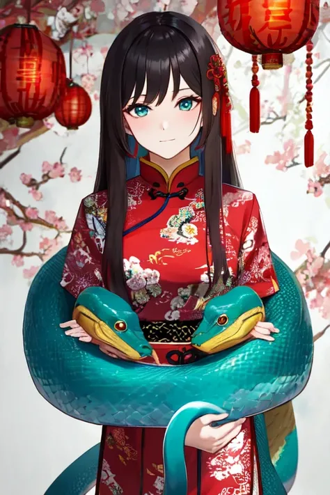 Snake cloth, snake, beautiful Chinese girl, in the new Chinese year (masterpiece, best quality:1.3), (teal) , red, white