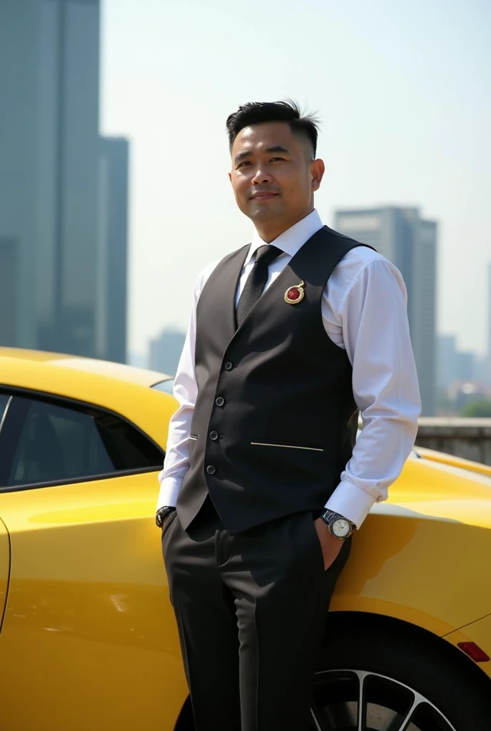 Vietnamese man, wear a chic dark vest,  standing next to yellow supercar, man about 40 years old, height about 165cm, slightly fat, round, undercut hair, watch arm . View at the tallest tower in Saigon. A clear view of Landmark 81 behind, I can see the ent...