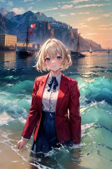 (8k,  top quality,  Masterpiece: 1.2), ultra high resolution, 1 person,  cute,  alone, very detailed face,  standing,  blond,  blazer,  shirt,  blouse, ribbon,  NAVY BLUE のシワ付スカート,  NAVY BLUE , Gothic Long Skirt, sea, sea水浴,  soaked,  water play , Water gu...