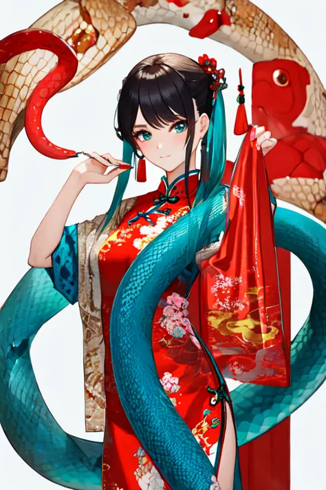 Snake cloth, snake, beautiful Chinese girl, in the new Chinese year (masterpiece, best quality:1.3), (teal) , red, white