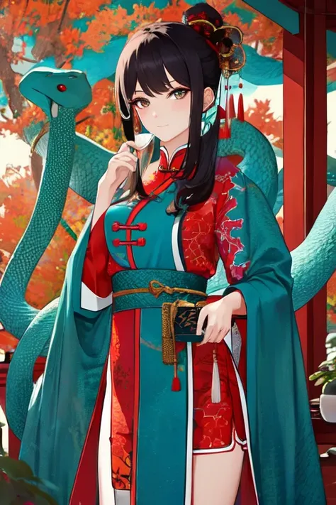 Snake cloth, snake, beautiful Chinese girl, in the new Chinese year (masterpiece, best quality:1.3), (teal) , red, white