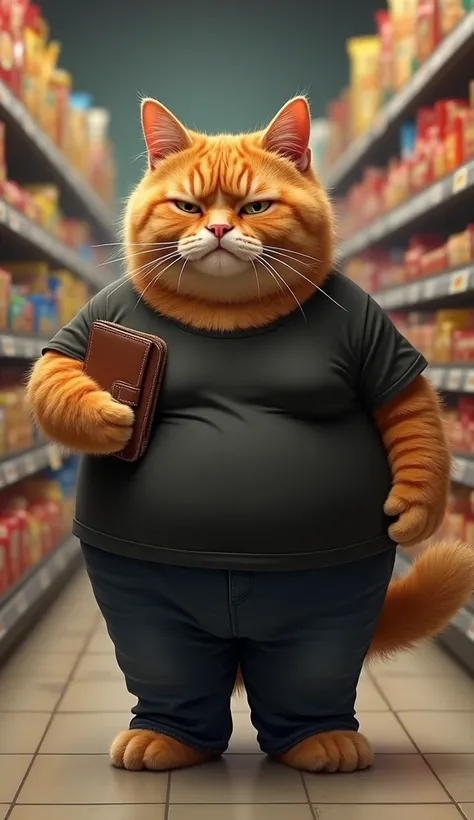 Chubby orange cat wearing a black t-shirt and pants sadly stands , Holding his wallet and opening his empty with background snack section in the supermarket