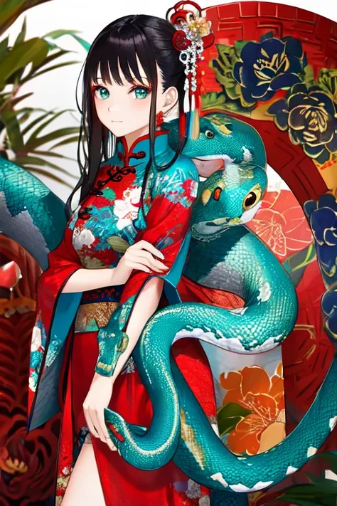 Snake cloth, snake, beautiful Chinese girl, in the new Chinese year (masterpiece, best quality:1.3), (teal) , red, white