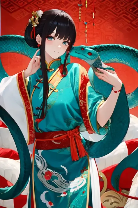 Snake cloth, snake, beautiful Chinese girl, in the new Chinese year (masterpiece, best quality:1.3), (teal) , red, white