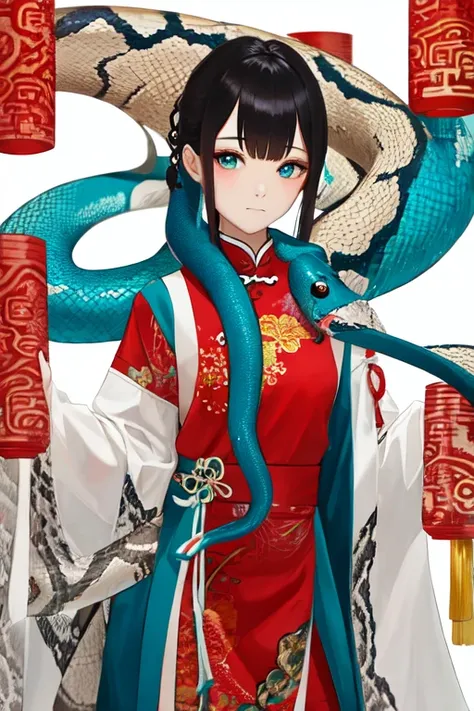 Snake cloth, snake, beautiful Chinese girl, in the new Chinese year (masterpiece, best quality:1.3), (teal) , red, white