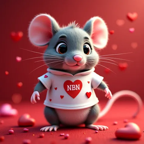 Realistic cute grey mouse with printed NBN shirt in a valentine theme 