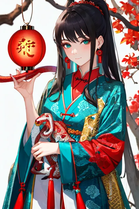 Snake cloth, snake, beautiful Chinese girl, in the new Chinese year (masterpiece, best quality:1.3), (teal) , red, white