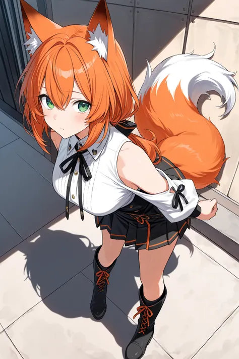 (masterpiece), (best quality), (ultra-detailed), (best illustration), (best shadow), a woman with flowy orange hair, green eyes, fox ears and tail, wearing top, skirt and boots