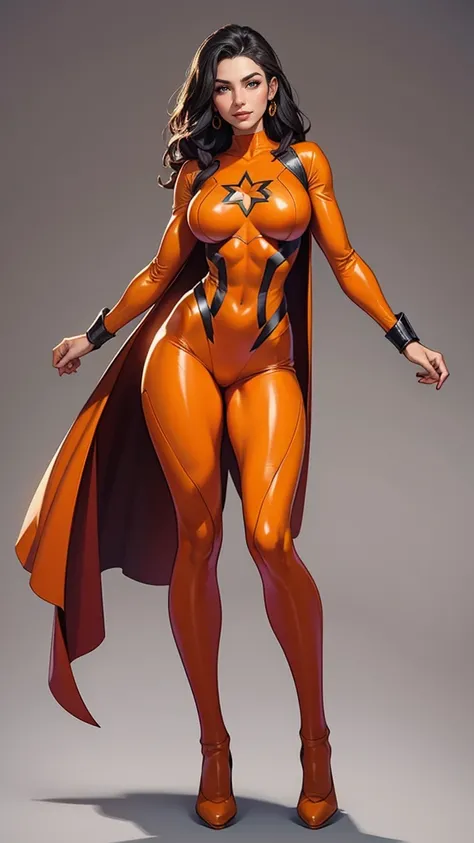 A superhero in a special tight orange costume,  full body ,