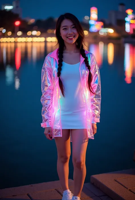 Fullbody Korean woman with long braided black hair wears a white short dress with a multicolored neon metallic transparent outher and white sneakers.  smiling facing the camera near a dark and deserted lake . Unique illuminated lamp decoration and flickeri...