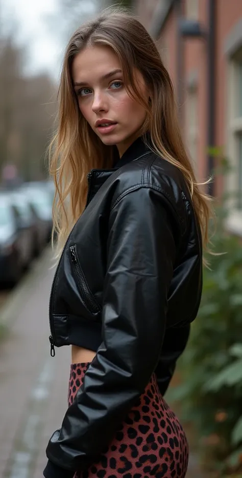 Backside diagonally photo from side of a sweaty hot wet cute beautiful darkblonde dutch spanish italia young posing age femboy wearing black shiny puffy cropped short bomber jacket, very short shiny black Big luxurious alpha-industries-ma-1 branding patter...