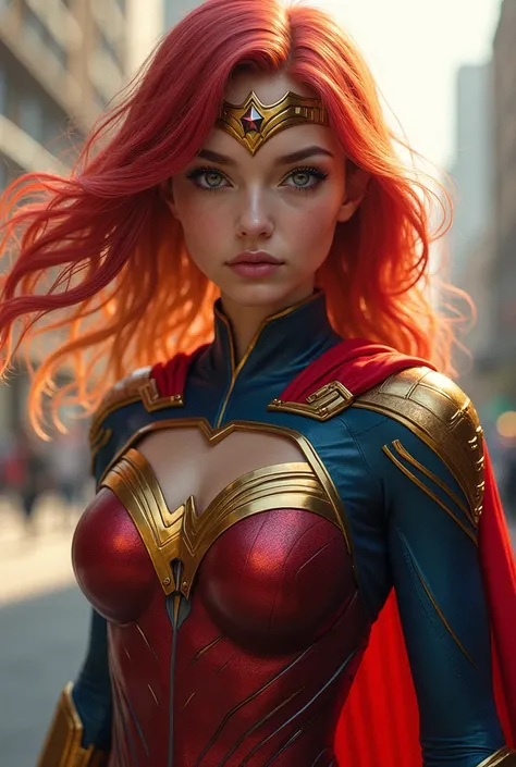  Light-skinned girl , Red-haired and blond hair, and with a battle suit like that of Superman mixed with that of Wonder Woman 