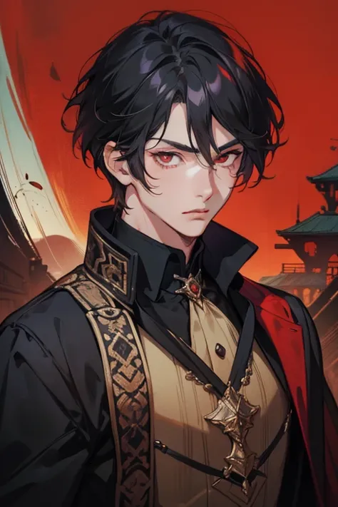 anime boy, handsome face, black hair, bright red eyes, charming gaze, looking at the viewer, gothic style, vintage background, (sharp eye details, sharp face details, body details), (make clear and good images), (make 4k and 8k images), (masterpiece)