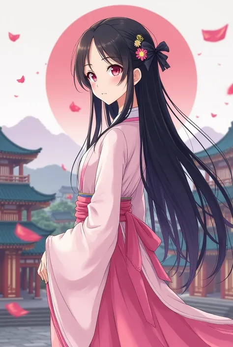 "Design a profile picture in the style of an anime featuring a beautiful Korean girl wearing pink and white, with long black hair. The background should include buildings from Korean culture and the Joseon era, along with the South Korean flag. 