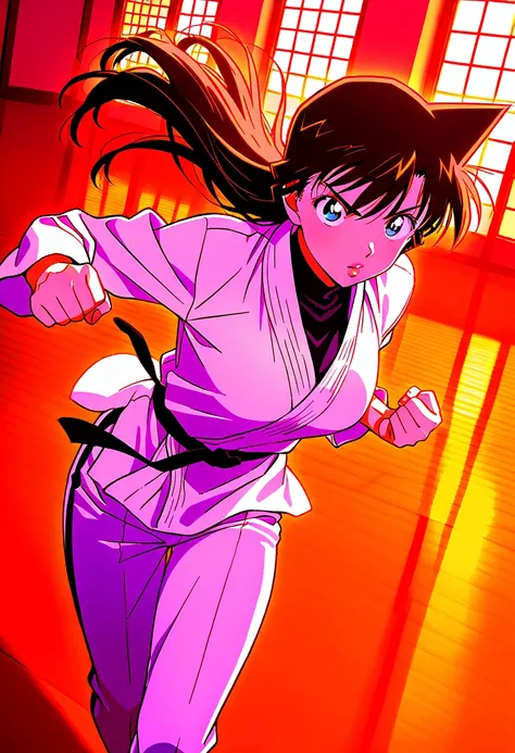  Masterpiece,  top quality, 1 girl.、mouri ran ,  long hair,  black hair,(( Sexy Lips)),  slender body、((Beautiful breasts、 small breasts:0.6))、((Park Background))、(I'm walking)、 Bright Lights、(Karate match、tatami、dojo、 martial artist、Judo、uniform pants、Bla...