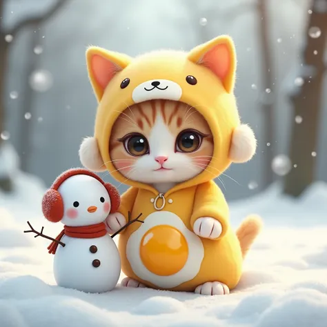   HD ,  Masterpiece,  A cute little kitten is wearing a Gudetama costume、２ A picture of a cute kitten with earmuffs and a snowman standing on its back legs 