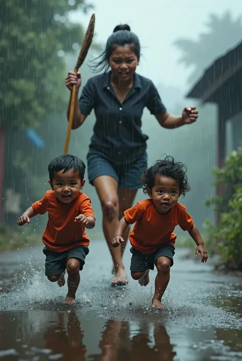 Two Indonesian babies run away in fear during the rain, chased by an Indonesian mother carrying a broom 